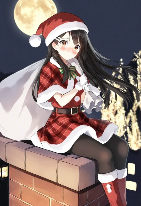 <lora:penta1_noob1.1-000139:0.9>,
1girl, solo, hat, santa costume, santa hat, sack, moon, pantyhose, long hair, hair ornament, full moon, black hair, brown eyes, night, gloves, blush, black pantyhose, boots, christmas, skirt, plaid, santa boots, hairclip, capelet, chimney, white gloves,
masterpiece,best quality,newest,absurdres,highres,very awa,