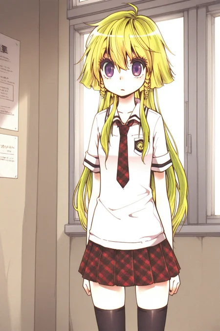 masterpiece, best quality, amazing quality,
 <lora:CrzNghbr_IL:1> crznghbr, 1girl, solo, thighhighs, long hair, blonde hair, skirt, purple eyes, zettai ryouiki, school uniform, black thighhighs, mnchr