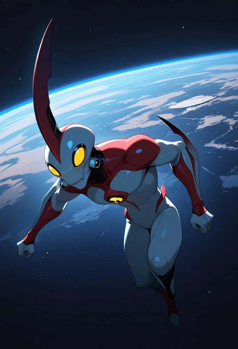 masterpiece, best quality, amazing quality, very aesthetic, absurdres, newest,
,waybig, no humans, solo, alien, horn, single horn, yellow eyes, arm blade,
coming in hot, entering atmosphere,, falling, space, earth, asteroids,