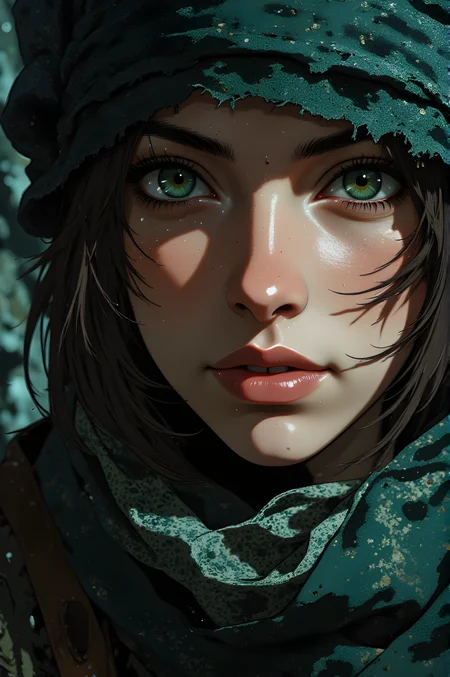 The air is crisp and cold, carrying with it the faint scent of earth and stone. A woman stands before you, her presence commanding yet enigmatic. Her face is framed by a dark headscarf that wraps tightly around her forehead, its edges slightly frayed as though worn through countless journeys. The scarf is adorned with subtle hints of shimmering threads, catching the light in a way that suggests both practicality and a touch of hidden elegance.
Her eyes are striking, a deep green that seems to hold an endless depth, like pools of ancient water reflecting the sky above. They are sharp and alert, their gaze steady and unyielding, as if she has seen more than most would dare to imagine. Her brows are thick and well-defined, adding to the intensity of her expression, while strands of her dark hair escape from beneath the scarf, framing her face with a wild, untamed beauty.
She wears a heavy, textured garment draped over her shoulders, likely meant for warmth against the biting chill of her surroundings. The fabric is rich and layered, hinting at a life spent outdoors, where protection from the elements is essential. Around her neck, a patterned scarf is wrapped loosely, its intricate design suggesting craftsmanship and tradition. The colors are muted but vibrant, blending seamlessly with the earthy tones of her attire.
Her lips are full and painted with a soft, natural hue, giving her a serene yet determined look. There is no trace of fear or hesitation in her expression; instead, there is a quiet resolve, as though she is prepared for whatever challenges lie ahead. The lighting is soft, casting gentle shadows across her features, accentuating the contours of her face and highlighting the strength etched into her brow.
The overall impression is one of resilience and mystery. She appears to be someone who has faced adversity and emerged stronger, her appearance telling a story of survival and purpose. The details of her clothing and accessories suggest a life intertwined with nature and perhaps a culture steeped in tradition. It is as if she is a guardian of some forgotten knowledge, standing firm against the backdrop of an unforgiving world.
j_art, anime, anime art, <lora:FLUX\jul\J_Anime:0.7>, <lora:FLUX\RealAnime:0.7>
