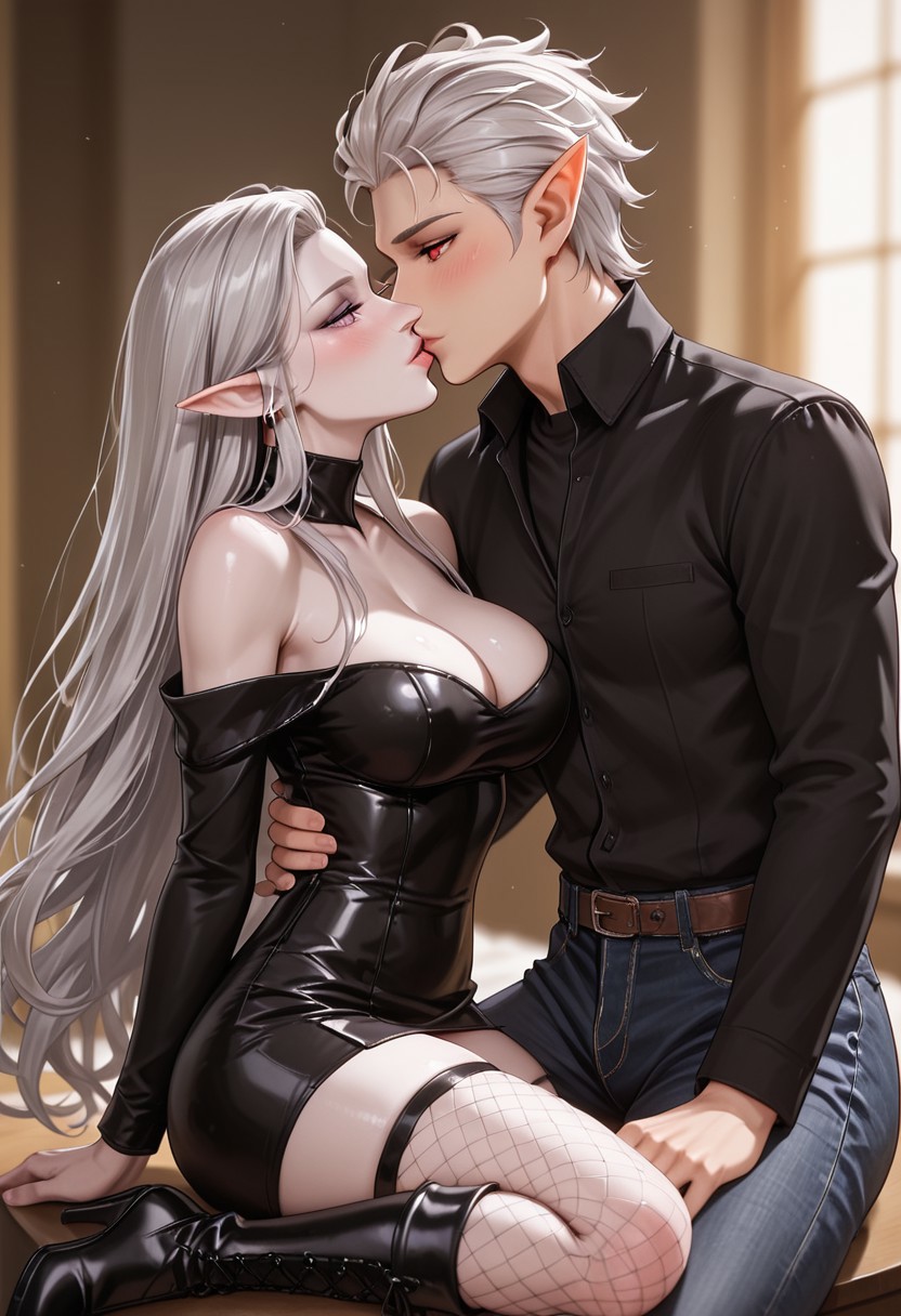 score_9_up, score_8_up, score_7_up, masterpiece, absurdres, raytracing, ambient occlusion, dynamic, cinematic, depth of field,8K,illustration, shiny hair,clear skin,ultra-detailed-eyes, (perfectly shaped lips:1.3), ((ultra-detailed faces:1.3)),(((tenderly kissing lips, half lidded eyes, blushing))), ((duo:1.2)), (((1woman, pointy ears, purple eyes, long straight silver hair, pale skin, large breasts))), ((the woman wears a red and black dress, shoulder cutout, off-shoulder dress, thigh high fishnet stockings, high heels knee boots)), (((Astarion, 1man, pointy ears, red eyes, white hair, medium length, semi curls perfectly styled hair, with a single charming loose strand over the right side of his forehead, sharp jawline, graceful male face features, little forehead wrinkles, extremely pale skin, toned body, tall))), ((the man is tall and muscular, wearing a  white shirt and black jacket, denim pants, and combat boots)), Idyllic forest background, sunset