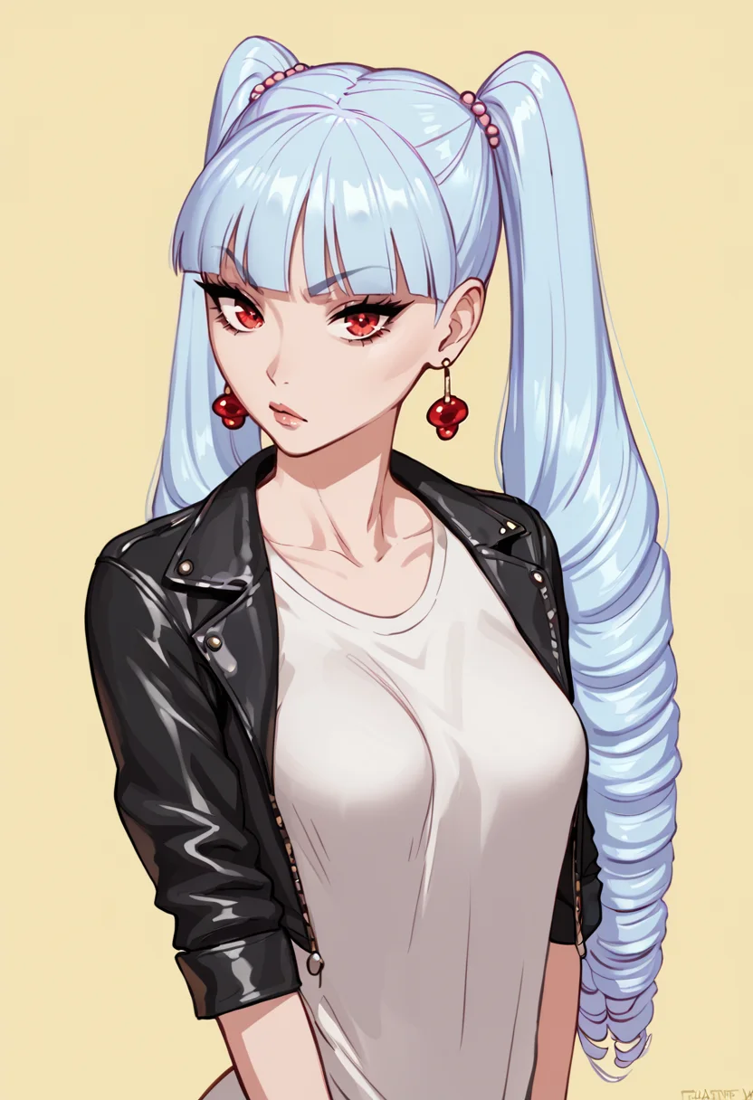 score_9, score_8_up, score_7_up, score_6_up, BREAK
1girl, beautiful, leather jacket, t-shirt, yellow background, <lora:PulenKompot-Fellatrix-BBs-PonyXL:1> mrs._morgan_\(fellatrix\), 1girl, long hair, bangs, blunt bangs, light blue hair, twin tails, red eyes, slender, medium breasts, drill hair, earrings,