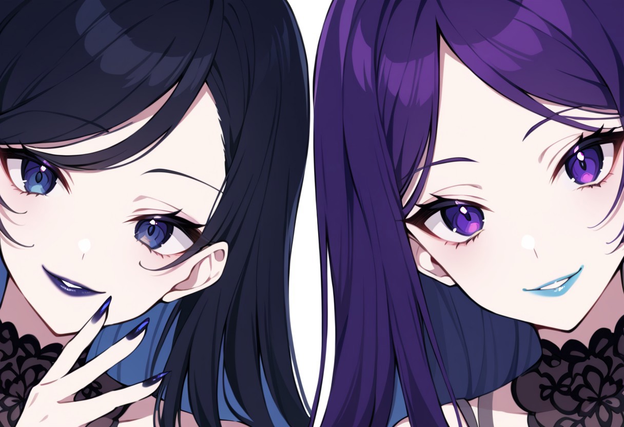 anime, two girls, adult, close up, lipstick, blue lipstick, purple lipstick, black lipstick, eye shadow, nail polish, lip gloss, long hair, sexy smile, looking at camera