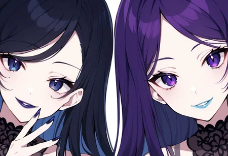 anime, two girls, adult, close up, lipstick, blue lipstick, purple lipstick, black lipstick, eye shadow, nail polish, lip gloss, long hair, sexy smile, looking at camera