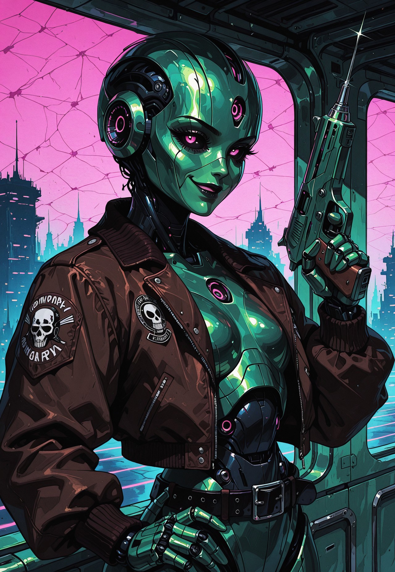 masterpiece, best quality, amazing quality, high resolution, aesthetic, 1girl, (robot girl:1.5), (robot face:1.3), pilot, brown bomber jacket, green metal body, retro sci-fi, smirk, atompunk style, tomboy, retro futurism, black sclera, belt, silver ray gun, small gun, punk, DRKWB, aiming gun,  side view, hand on hip, spaceship boarding ramp, outdoor landing pad, upper body, 15546+456868