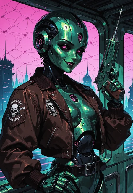 masterpiece, best quality, amazing quality, high resolution, aesthetic, 1girl, (robot girl:1.5), (robot face:1.3), pilot, brown bomber jacket, green metal body, retro sci-fi, smirk, atompunk style, tomboy, retro futurism, black sclera, belt, silver ray gun, small gun, punk, DRKWB, aiming gun,  side view, hand on hip, spaceship boarding ramp, outdoor landing pad, upper body, 15546+456868