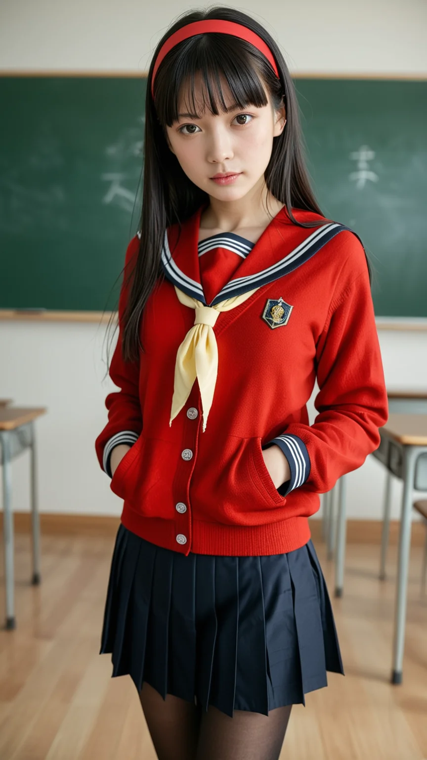 Stable_Yogis_PDXL_Positives,1 girl,solo,Amagi Yukiko,long hair,pleated skirt,black hair,bangs,red cardigan,school uniform,hairband,serafuku,yellow neckerchief,black pantyhose,yasogami school uniform indoors,classroom,masterpiece,best quality,ultra detailed,absurdres,very aesthetic,<lora:zy_Realism_Enhancer_v1:0.5>,
