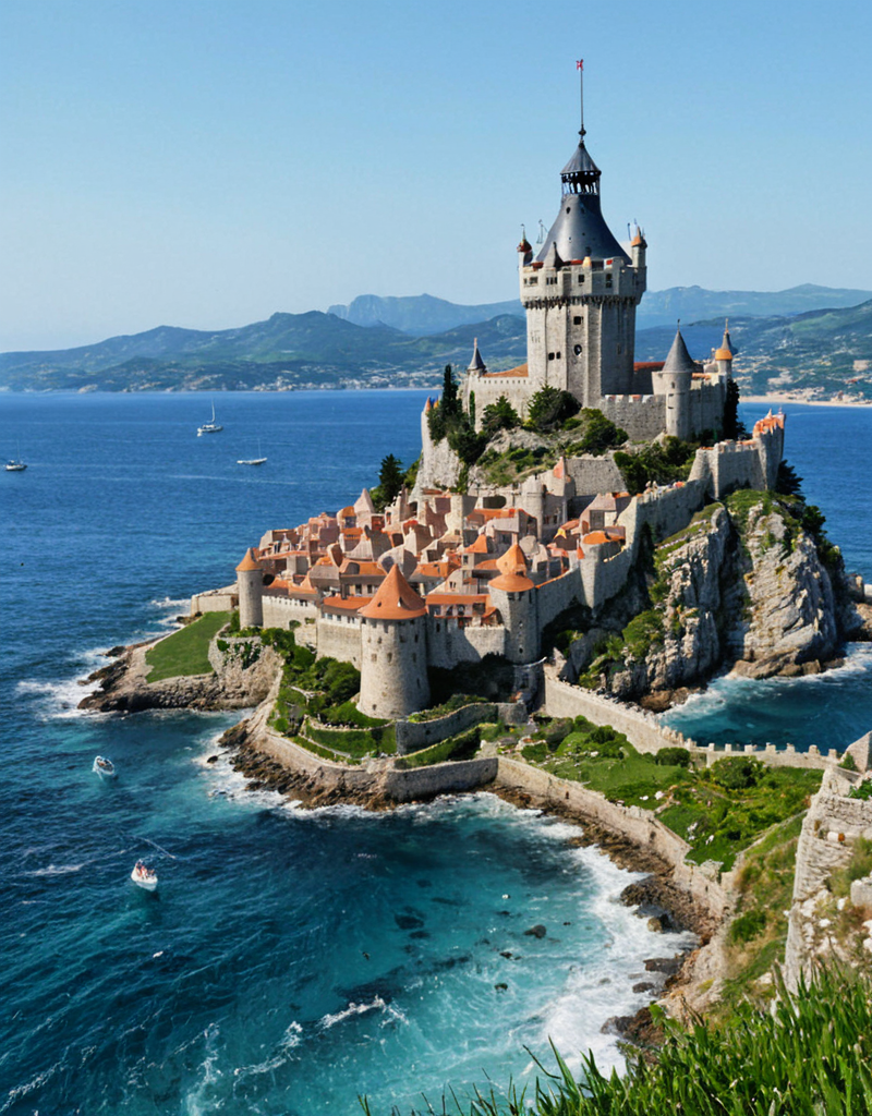 <lora:YCO_xl_F1c:1> yco_xl, heroic fantasy castle, outside, blue sea, sailboats, scenery, tower, fortified town, vegetation, grass, waves, on top of a rocky mountain,