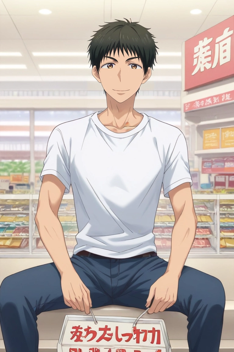 score_9, score_8_up, score_7_up, source_anime, rating_safe, intricate details, , looking at viewer, , 1boy, solo, male focus, <lora:yuusuke_igarashi_pony:0.92>, yuusuke_igarashi, black hair, brown eyes, short hair, focused, shopping mall, stores, signs, indoors, light, spread legs, smile, , <lora:sdxl_lightning_8step_lora:1>