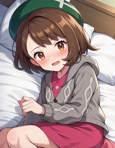 score_9, score_8_up, score_7_up, source_anime,
pokemongloria, <lora:pokemon-gloria-ponyxl-lora-nochekaiser:1>
pokemongloria, brown eyes, brown hair, medium hair,
cardigan, dress, green headwear, grey cardigan, hood, hood down, hooded cardigan, long sleeves, pink dress, short dress,
indoors, bed, bed room, on side, blush, drunk,
looking at viewer, cowboy shot, dutch angle,