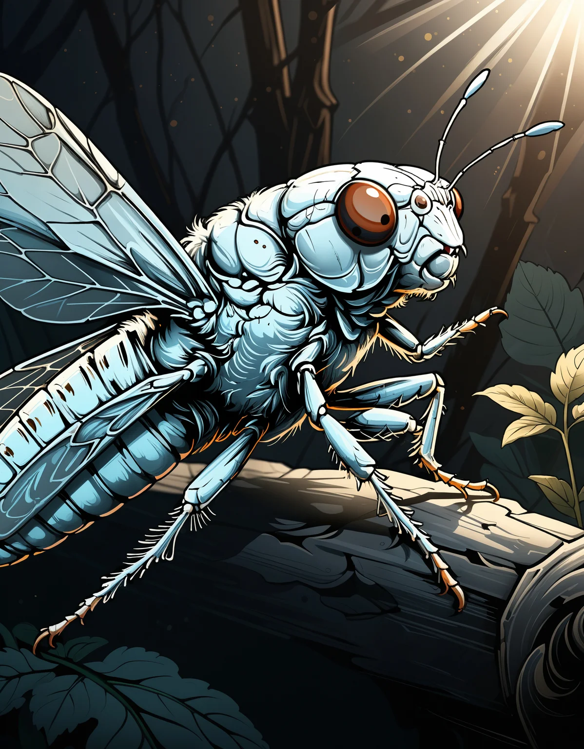 zavy-fltlnpnt, lineart, cel-shaded graphics, White and Slate Gray Cicada, Handsome, Vibrant Color, artistic, luxurious sharp focus, fine artistic composition, magic atmosphere, perfect composition, stunning, warm light, great composition, deep aesthetic