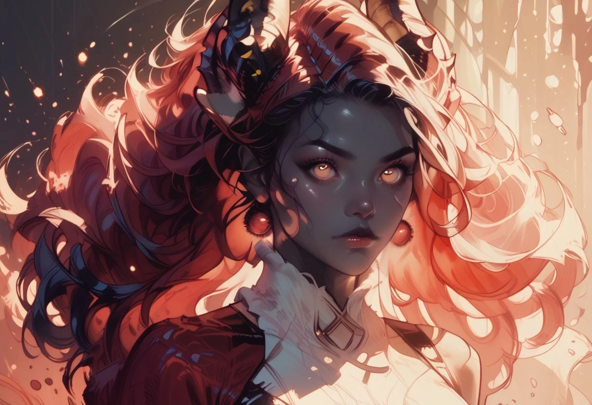 (score_9, score_8_up, score_7_up, score_6_up, 1girl, solo, embedding:zPDXL), Nemesis: A wavering mist takes form, elongating into dark tendrils. Her hair flows like an inky black mist, her eyes a swirling bright ruby. Her form is that of a beautiful woman, hourglass figure, (tiefling with black skin), sheep girl, ram horns, wavy hair, white dress, red eyes, (in the abyss),skyaboveme,by pistachiocream,light rays,lens flare,light particles,beautiful color, detailed, amazing quality, commix style