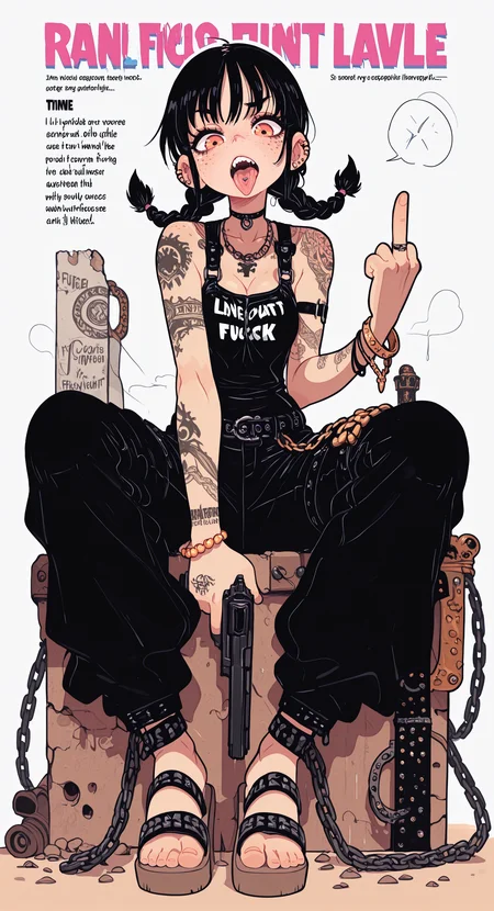 masterpiece,best quality,amazing quality, 1girl, solo, jewelry, sitting, braid, weapon, tongue, tongue out, english text, feet, bracelet, twin braids, gun, tattoo, chain, piercing, sandals, handgun, ranguage, engrish text, middle finger, profanity, Flatline, Flat vector illustration,
rapscallionstyle <lora:ponyv6_noobE11_2_adamW-000017:0.3> <lora:mon_monmon2133:0.6> <lora:114558v4df2fsdf5:1> <lora:checkpoint-e18_s306:1.3> <lora:Rapscallion_Illustrious:0.7>