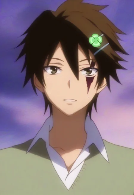 ((masterpiece)), ((best quality)), ((ultra-detailed)), ((absurdres)), score_9_up, score_8_up, score_7_up,
HD, top quality, best quality, amazing quality, High-quality illustrations, anime screencap, source_anime, best aesthetic, perfect proportions, perfect eyes, 1boy, 1male, solo boy, solo male, male focus, solo male focus, Anime, boy, male anime character, anime boy, handsome, cute, charming, sexy, good-looking, Utsutsu Hasegawa, brown hair, four-leaf clover hair clip, brown eyes, face mark, sweater, v-neck, white collared shirt, rolled sleeves, dark blue pants, ((slim body, lean body)), ((front view, front shot, facing front, view from the front)), ((cowboy shot, head to hips shot)), ((outside of school)), ((dark atmosphere, hazy scheme)), easynegative, updn, Expressiveh, masterpiece, best quality, very aesthetic, absurdres