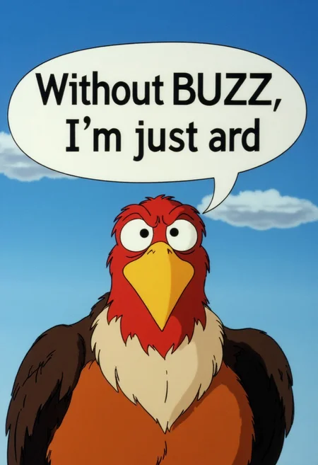 A close-up of a buzzard saying in a large speech bubble "Without BUZZ, I'm just ard". His large eyes are sad and pleading and he's making the viewer compassionate to him. The shot is from below and in the background we can see perfect blue sky with few puffy blue clouds.
<lora:Retro_Cartoons_FLUX:1>