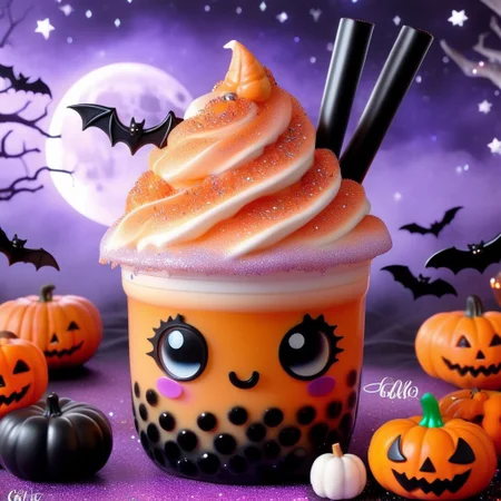 bubble tea,big kawaii anime eyes, blush stickers, pumpkin,jack o lantern, halloween themed,black bats, :3, bubble tea, whipped cream on top, blurry, solo, moon, rainbow,orange and black glitter on top