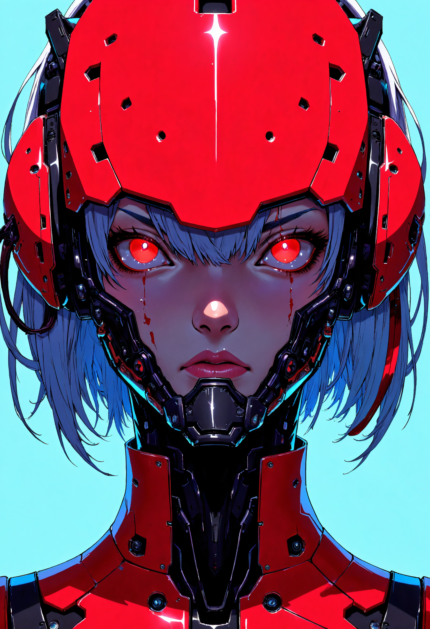 masterpiece, high-quality, A cybernetic woman in sleek red and black armor, her short white hair contrasting sharply with her intense gaze, Her armor is streamlined with metallic accents and a translucent larger image of herself looms behind as if showing her inner power, neon reflections, minimalistic composition, (elaborate fine details:1.1), (hyperdetailed:1.1), (intricate details:1.0), (Refined details:1.1), (best quality:1.1), (high resolution:1.2),