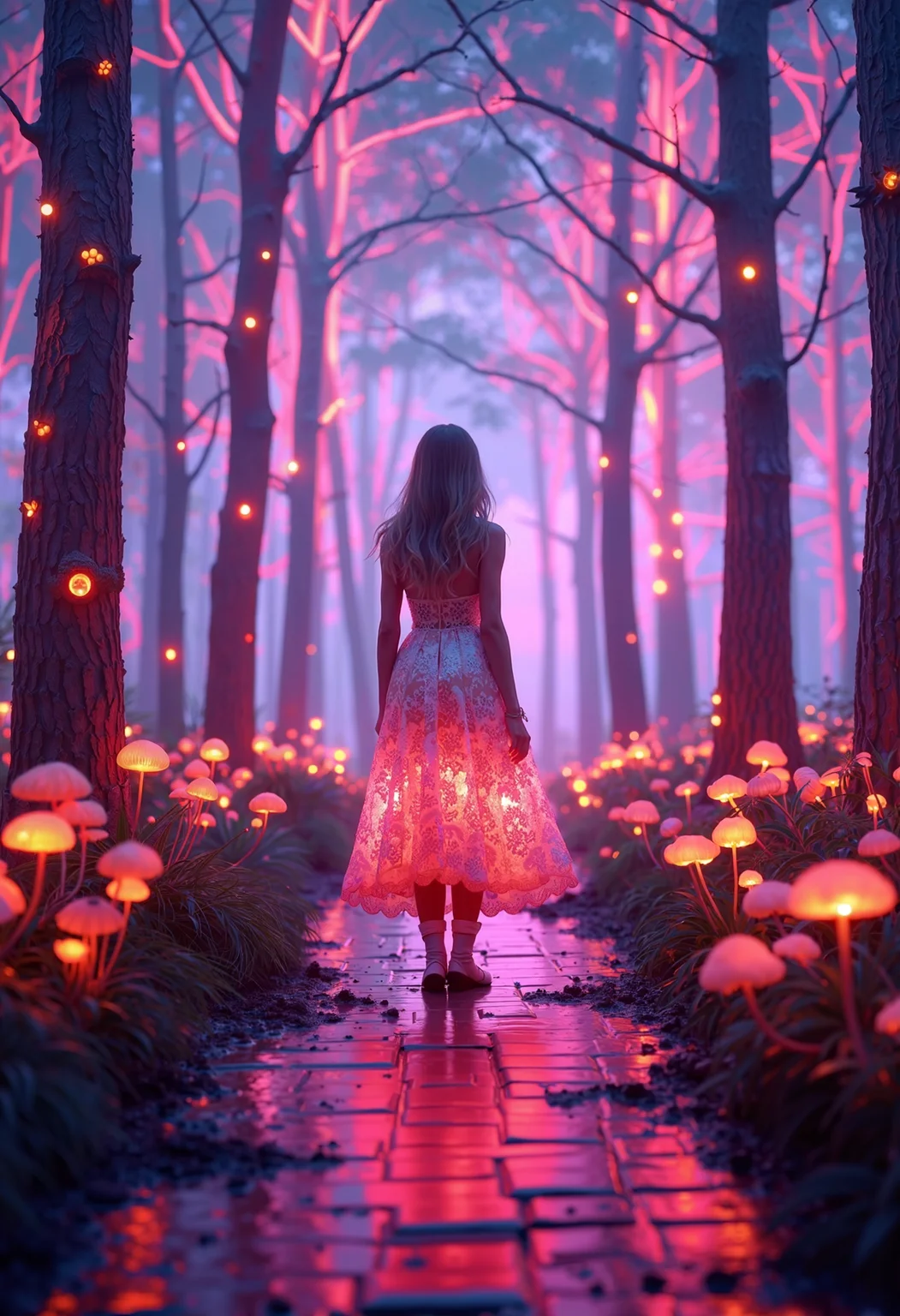 photorealistic, UHD, shot on a Sony A7III, realistic, hyper-realistic photography, soft lighting, heavy shadow. subsurface scattering, ray-tracing, volumetric lighting
Entire image in the color scheme of (ombre:1.5): neon pink, neon orange, neon purple, neon blue, white and black
mildly foggy enviroment.
A female walking through a forest made of (shiny:1.05) (reflective:1.15) (chrome:1.35) (metal_trees:1.6), the path she walks on are (made of glowing bricks,:1.15) small translucent holographic mushrooms on the ground dot the landscape. In the very far distance at the end of the path a gloomy flow like something burning awaits her discovery.
Her (neon and white colored:1.05) (full length:1.4) (lace dress:1.15) is a made from an array of (wires:1.25), (fiber optic glass filaments:1.15) and cords and that glow with neon bright lights. She wears (mary jane shoes:1.05) and (short white socks:1.05).
aesthetics feel like Alice in Wonderland meet Wizard of Oz