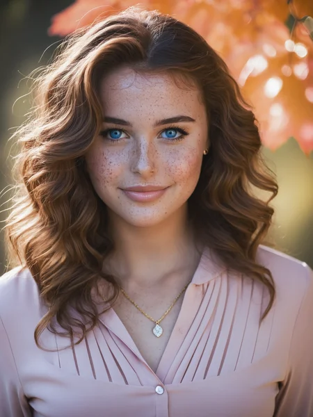 score_9, score_8_up, score_8, 1girl, 21yo, Australian beauty, expressive, flirtatious look, perfect face, smile, blue eyes, with freckles, very tan skin, blush, red cheeks, make up, gold eyebrows, long brown hair, pink blank flat shirt with long sleeve, shirt col-V, with a necklace, poised against a backdrop of autumn leaves in soft focus, sunlight filtering through her curls, close-up portrait, high contrast, pink tones, canon 5D Mark IV, studio photography <lora:SdXL_better freckles_epoch_16:1> <lora:XDetail_heavy:1>