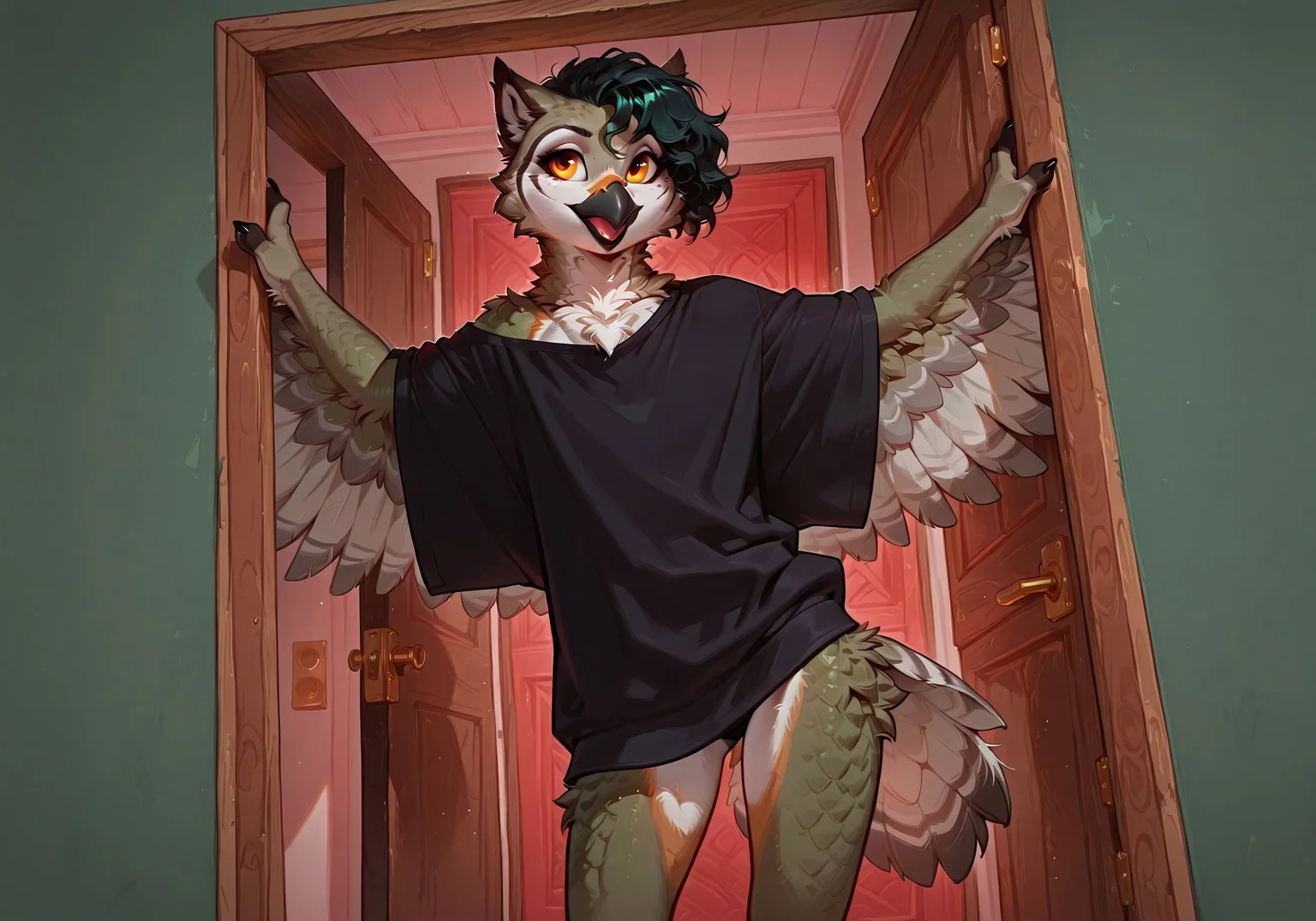 score_9, score_8_up, score_7_up, score_8, score_7, negativeXL_D,clean lines, best quality, HD, High Def, high Detail,Masterpiece, ExpresHGothicNeonIncase, CrocodileLora, 1boy, solo, anthro, scaly skin, inside, ExpresHGothicNeonIncase,Furry_femboy_style, furry, owl, beak, feathers, wings arms, paw hands, black tip fingers,feather tail, grey feathers, white feathers on belly,standing, dark clothes, black oversized shirt with one shoulder hangin out, long curly black hair parted to the right, dynamic pose, dynamic angle, sexy pose,