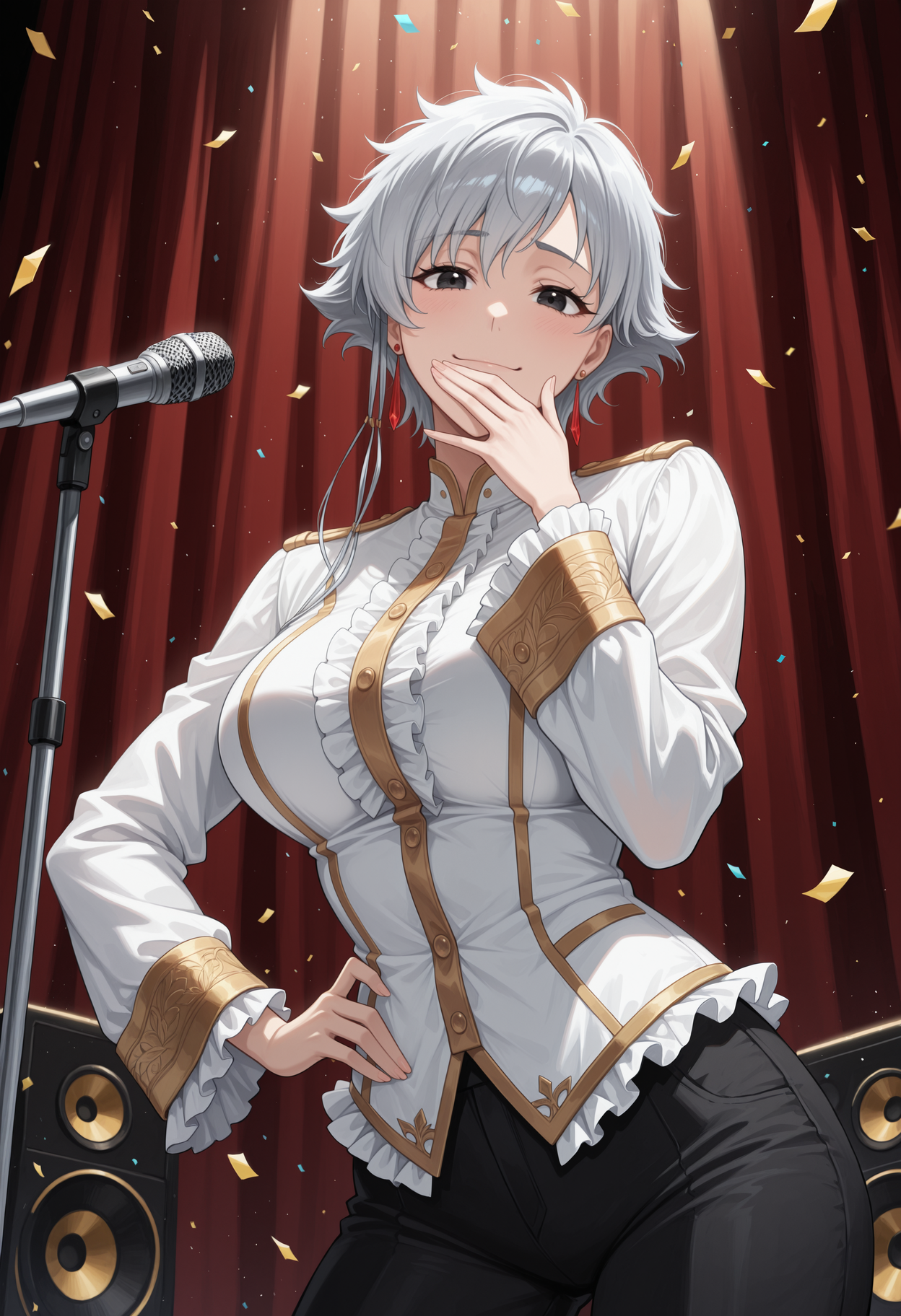 masterpiece, best quality, highres, absurdres, very awa, 1girl, solo, is4ne, silver hair, short hair with long locks, large breasts, earrings, black pants, conductor, frills, gold trim, long sleeves, white shirt, stage, ojou-sama pose, hand up, hand to own mouth, hand on own hip, cowboy shot, black eyes, buttons, stage lights, spotlight, microphone, speaker, stage curtains, curtains, confetti, laughing, looking at viewer, microphone stand, closed mouth, smile