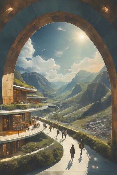 masterpiece,best quality,<lora:tbh304-:0.8>,illustration,designed by Norman Foster Sustainable eco-village with green roofs and solar panels, nestled in a mountain valley