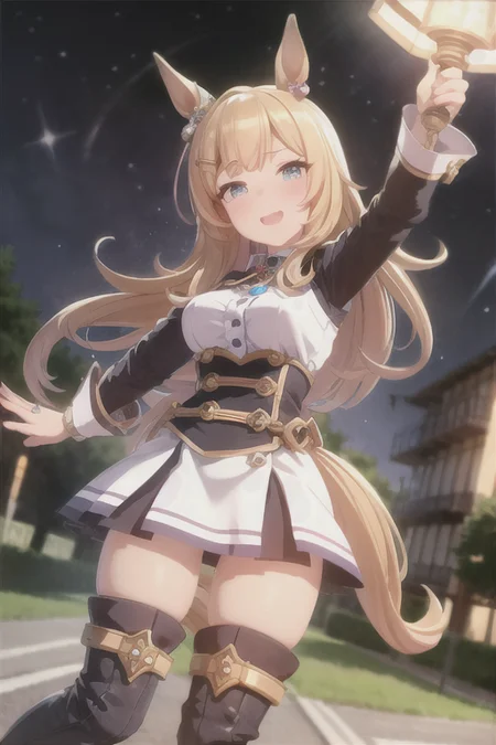 masterpiece,best quality,<lora:UmaMusumePrettyDerby_umms:1>umms,(horse ears, horse girl,:1.2) (horse tail,:1.3) ,full body
road, soft light,detailed lighting,cinematic light,neon lights,street lamp,shop,colorful startrails,
detailed face,1girl,solo,hair bangs,hair clip,happy face,{{super detailed skin}},
{{wear armor}}, thigh boots,combat boots,detailed boot,gems, jewellery,badges,shackles,lots of gems, lots of badges,
