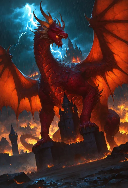 game of thrones \(series\), masterpiece, best quality, good quality, very aesthetic, absurdres, very awa, newest, full body, dutch angle, cinematic shot, solo, giant dragon, majestic, span wings, twisted horns, long horns, teeth, guarding castle, claws on castle, detailed textures, scale texture, colossal, castle, lightning, heavy raining, roar, fire dragon, photorealistic, highly detailed, intricate, 748cmstyle, usnr, gbf_style, <lora:745cmSDXLvpred75S:0.7>, <lora:USNR STYLE_XL_loha:0.5>, <lora:add-detail-xl:1>, <lora:GBF_Illustrious:0.5>