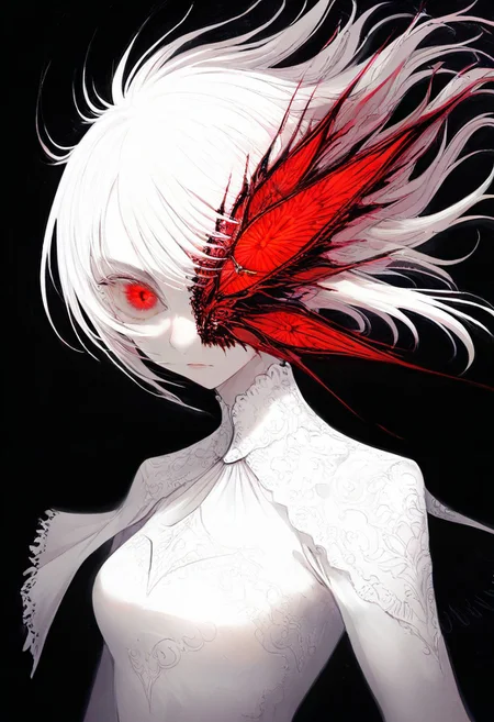 solo, looking at viewer, red eyes, black background, 1woman, long white hair, extremely pale skin, serious, all white blouse (pure white), masterpiece, best quality, very aesthetic, close up, intense look, absurdres
 <lora:monfornoob:0.95>