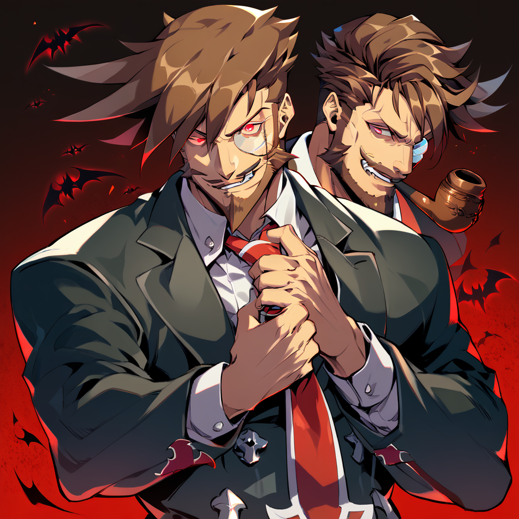 1boy, male focus, Slayer, guilty gear, score_9, score_8_up, score_7_up, score_6_up,  <lora:Slayer_from_Guilty_Gear:1>, solo, brown hair, smoking pipe, monocle, facial hair, mature male, vampire, smirk, tie, looking at viewer, toned, athletic, fit, fang, pipe, short hair, slicked to the side hair, mustache, male focus, best quality, amazing quality, best aesthetic, absurdres, smirk, evil smile, red eyes, glowing eyes, cocky, haughty, defiant, <lora:aesthetic_anime_v1s:0.4>, <lora:xl_more_art-full_v1:0.5> <lora:EpicF4nta5yXL:0.5>, (Adjusting tie), (rugby shirt),