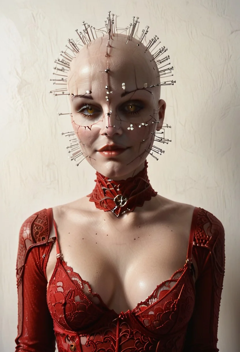 nsfw, score_9, score_8_up, score_7_up, score_6_up, realistic, 1girl, extremly pale skin, yellow eyes, gorgeous lips, dark blue lips, medium breasts,
Evil smirk, reij-shdwgms, light and shadow by reij-shdwgms, hellprst, white red body, white skin with red details, black eyes, head covered in pins, head covered in needles, princesswarmbeauty, Jed-Lcbdyst, form-fitting ,lace bodysuit, deep V-neckline, sheer lace detailing, adjustable spaghetti straps