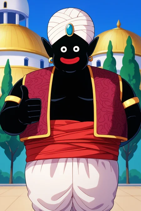 score_9, score_8_up, score_7_up, score_6_up, score_5_up, score_4_up BREAK source_anime, mrpopo,1boy, solo, male focus,black skin, looking at viewer, bald, black eyes,pointy ears,red lips, upper body, arabian clothes, brown naked vest, red sash, white pants, armlet, white turban, blue gemstone,earrings,smile,closed mouth,thumbs up,arm at side,building, tree,blue sky <lora:Popony:1>