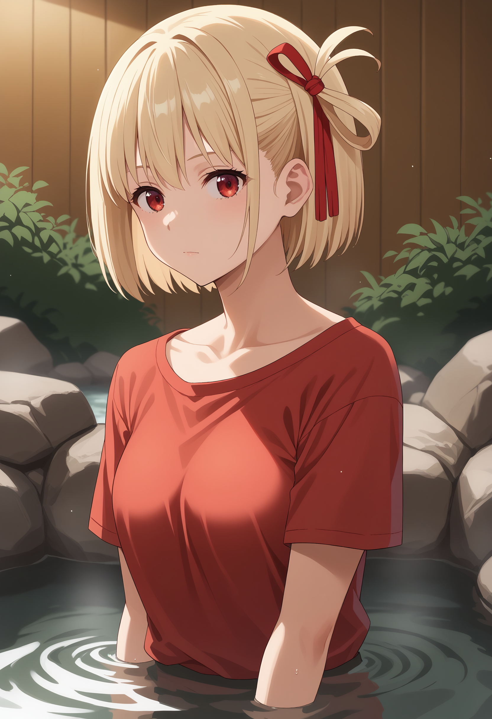 score 7 up, solo, 1girl, , <lora:chisato-nishikigi-ponyxl-lora-nochekaiser:1> chisato nishikigi, short hair, bangs, blonde hair, red eyes, hair ribbon, one side up, bob cut, shirt, ribbon, , <lora:onsen_pony_V1.0:1> onsen,,