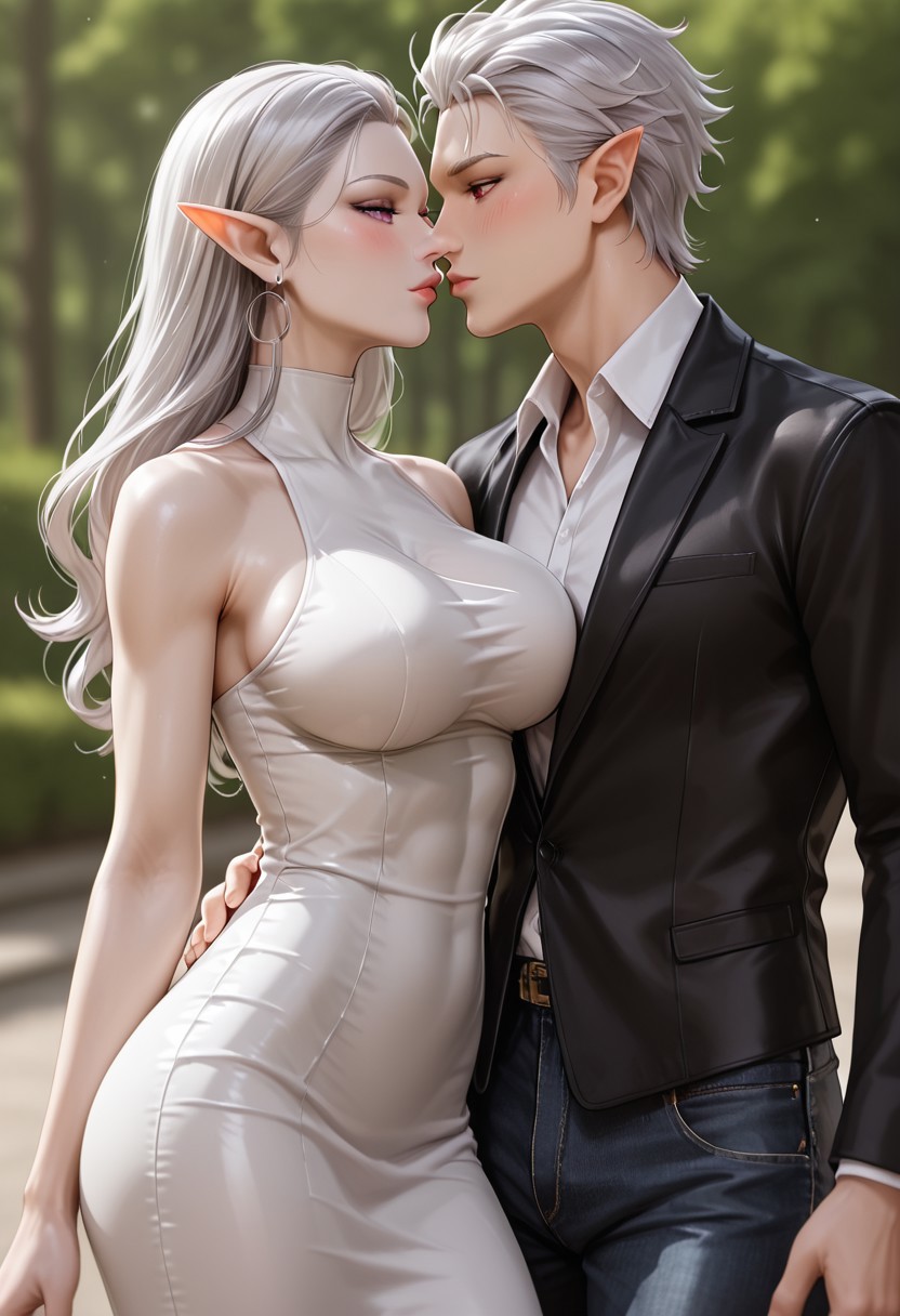 score_9_up, score_8_up, score_7_up, masterpiece, absurdres, raytracing, ambient occlusion, dynamic, cinematic, depth of field,8K,illustration, shiny hair,clear skin,ultra-detailed-eyes, (perfectly shaped lips:1.3), ((ultra-detailed faces:1.3)),(((tenderly kissing lips, half lidded eyes, blushing))), ((duo:1.2)), (((1woman, pointy ears, purple eyes, long straight silver hair, pale skin, large breasts))), ((the woman wears a future0702,dress,high heels,)), (((Astarion, 1man, pointy ears, red eyes, white hair, medium length, semi curls perfectly styled hair, with a single charming loose strand over the right side of his forehead, sharp jawline, graceful male face features, little forehead wrinkles, extremely pale skin, toned body, tall))), ((the man is tall and muscular, wearing a  white shirt and black jacket, denim pants, and combat boots)), Idyllic forest background, sunset