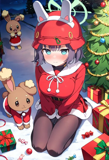 (masterpiece, best quality, high quality, good quality),1girl,santa costume,christmas,christmas ornaments,candy,christmas wreath,christmas stocking,gift,christmas tree,
buneary,pokemon \(creature\),
saki \(blue archive\),rabbit ears,fake animal ears,shy,black pantyhose,
outdoors,perspective,full body,<lora:Animal_Christmas:0.7>,animal christmas,<lora:ponyv4_noob1_2_adamW:0.6>,<lora:cutesexyrobutts_style_illustrious_goofy:0.6>,<lora:breasts_size_slider_illustrious_goofy:0.6>,