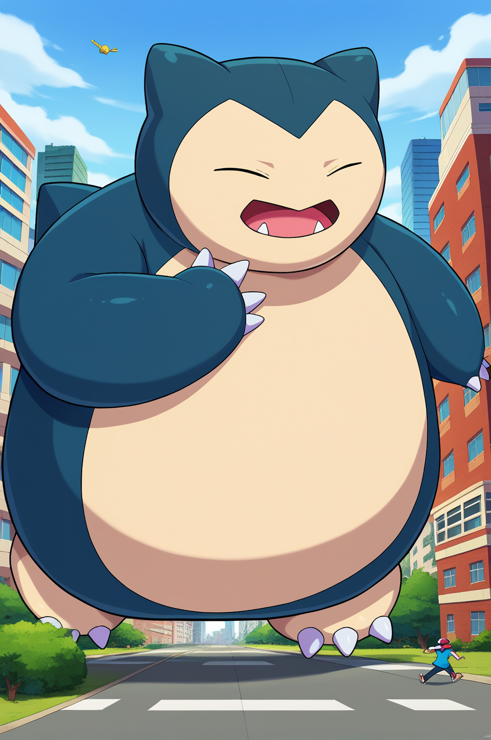 score_5, score_6, score_7, score_9, score_8_up, source_anime,  pokemon,, BREAK ,<lora:SnorlaxPony:1.0> ,snorlax, pokemon \(creature\), closed eyes, outdoors, solo, fangs, claws, full body, two-tone skin, background,  pawpads, 3 toenails, 3 toes, 5 fingers, giant, giantess, oversize, size difference, BREAK, humans, many people, running, fear, city, day, size difference