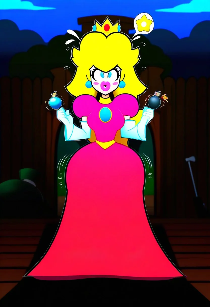 score_9,score_8_up,score_7_up,score_6_up,score_5_up,1girl, (princess_peach),mario_(series),(blonde_hair),blue_eyes,thick lips,glowing eyes,(wide hips),(thick thighs),curvy,happy,(blush stickers),tongue,pink dress,puffy shoulders,flower accesories, gold crown,gold belt,(long hair),(hand sign),white gloves,hair acccessories,holding wooden hammer,Jed-StickyN,belt,bullet belt,potion bottles,(bomb:1.4),lace pink dress,one-piece dress, long skirt,(gun case),CHRC4ND7,(forest),dress made of paper,(jewelry made of candies),(weapons made of paper),thick lips, wooden hut in the background,armory near forest,stone path, (motion lines:1.4),(trembling lines:1.4),(steamy breath),(flying sweatdrops:1.4),(clouds,stone bridge,statues made of paper), deep background,bracalet,gold necklace,mole,(??:1.4),origami, masterpiece,best quality,newest,absurdres,best shadow,light particles,4k,highly detailed background,amazing quality,very detailed clothes,highly detailed skin,wooden fence,umbrella, emphasis lines,very aesthetic,dynamic angle,high quality,gun, best shadows,spoken star,elbow gloves,<lora:add-detail-xl:2>