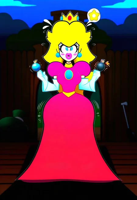 score_9,score_8_up,score_7_up,score_6_up,score_5_up,1girl, (princess_peach),mario_(series),(blonde_hair),blue_eyes,thick lips,glowing eyes,(wide hips),(thick thighs),curvy,happy,(blush stickers),tongue,pink dress,puffy shoulders,flower accesories, gold crown,gold belt,(long hair),(hand sign),white gloves,hair acccessories,holding wooden hammer,Jed-StickyN,belt,bullet belt,potion bottles,(bomb:1.4),lace pink dress,one-piece dress, long skirt,(gun case),CHRC4ND7,(forest),dress made of paper,(jewelry made of candies),(weapons made of paper),thick lips, wooden hut in the background,armory near forest,stone path, (motion lines:1.4),(trembling lines:1.4),(steamy breath),(flying sweatdrops:1.4),(clouds,stone bridge,statues made of paper), deep background,bracalet,gold necklace,mole,(??:1.4),origami, masterpiece,best quality,newest,absurdres,best shadow,light particles,4k,highly detailed background,amazing quality,very detailed clothes,highly detailed skin,wooden fence,umbrella, emphasis lines,very aesthetic,dynamic angle,high quality,gun, best shadows,spoken star,elbow gloves,<lora:add-detail-xl:2>