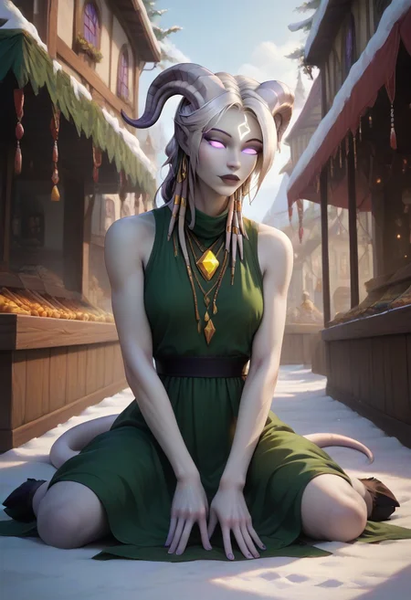 (absurdres, best quality, masterpiece:1.4), score_9, score_8_up, score_7_up, score_6_up, detailed, detailed body, detailed face, 
(culDraenei, purple eyes, no sclera, no pupils, athletic, tall, slim, pale skin, grey skin, long tail, long ears), confident,
(long loose green dress, sleeveless),
on floor, wariza, kneeling, spread legs, 
outdoors, fantasy market background, market stalls, food, snow, daytime, sunshine