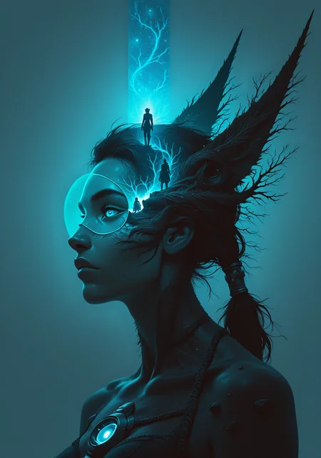 embedding:IllusP0s, double exposure, portrait, silhouette, simple background, 1girl, tracer_\(overwatch\), Wood Elves, Middle Earth: A vast and ancient world, home to Elves, Dwarves, Hobbits, and Wizards, a werewolf pack hunting in the wilderness<lora:double_exposure_ill.safetensors:1.0:1.0>