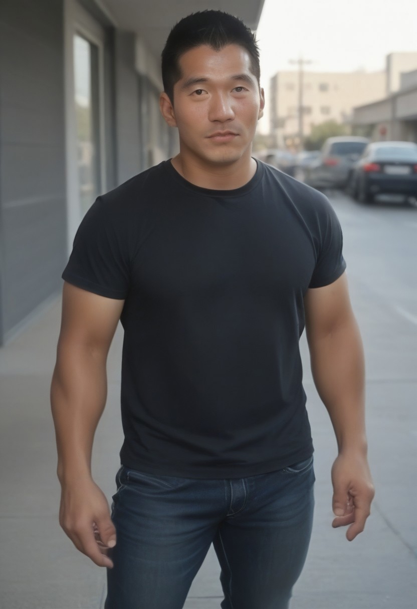 male focus, bara, muscular male, pectorals, large pectorals, short hair , mature male, thick thighs, thick eyebrows, looking at viewer, black hair, sideburns, score_9, score_8_up, score_7_up, score_6_up, score_5_up, score_4_up, (((htkangface))), East Asian face, Photorealistic, sweaty, arrogant face, dynamic pose, the man is wearing black t-shirt. The man is wearing jeans. The man is wearing windbreaker jacket. On the street