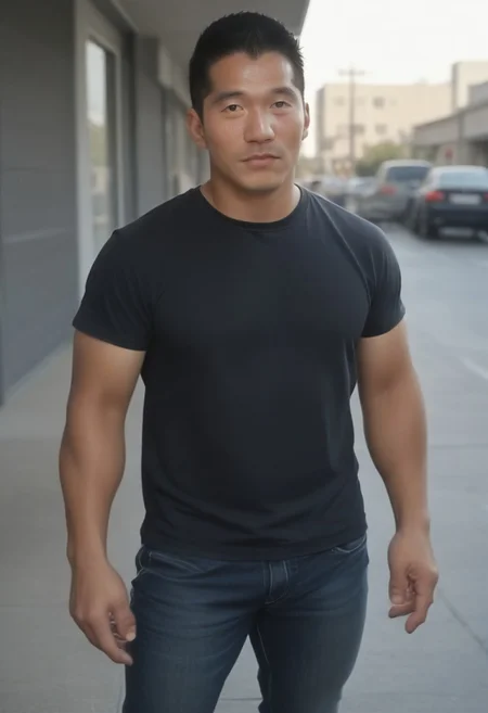 male focus, bara, muscular male, pectorals, large pectorals, short hair , mature male, thick thighs, thick eyebrows, looking at viewer, black hair, sideburns, score_9, score_8_up, score_7_up, score_6_up, score_5_up, score_4_up, (((htkangface))), East Asian face, Photorealistic, sweaty, arrogant face, dynamic pose, the man is wearing black t-shirt. The man is wearing jeans. The man is wearing windbreaker jacket. On the street
