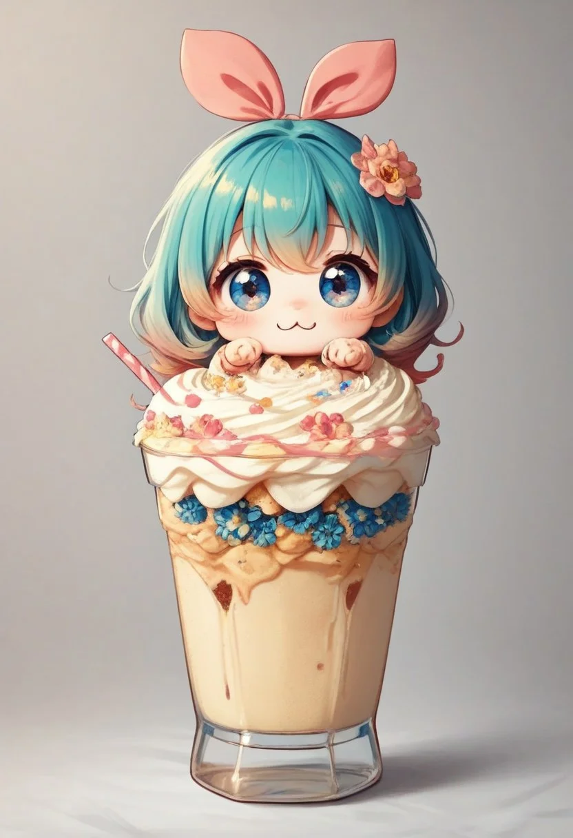 score_9, score_8_up, score_7_up, best quality, fine detail, 1girl, solo, cute, (milkshake chibi), chibi, in glass, candy flowers, (gradient hair blue roots pink tips), vibrant colors, strong shadows, floral background, slimes_flowerwm