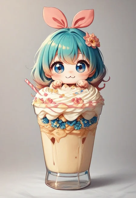 score_9, score_8_up, score_7_up, best quality, fine detail, 1girl, solo, cute, (milkshake chibi), chibi, in glass, candy flowers, (gradient hair blue roots pink tips), vibrant colors, strong shadows, floral background, slimes_flowerwm