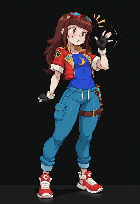 aijalon, masterpiece, best quality, newest, absurdres, highres, luna-utopus, long hair, brown hair, brown eyes, blunt bangs, fingerless gloves, red jacket, eyewear on head, black gloves, open jacket, cropped jacket, goggles on head, blue shirt, crescent on shirt, short sleeves, standing, smiling, waving hello, happy, full body, solo, alone, blank background, empty background, no background