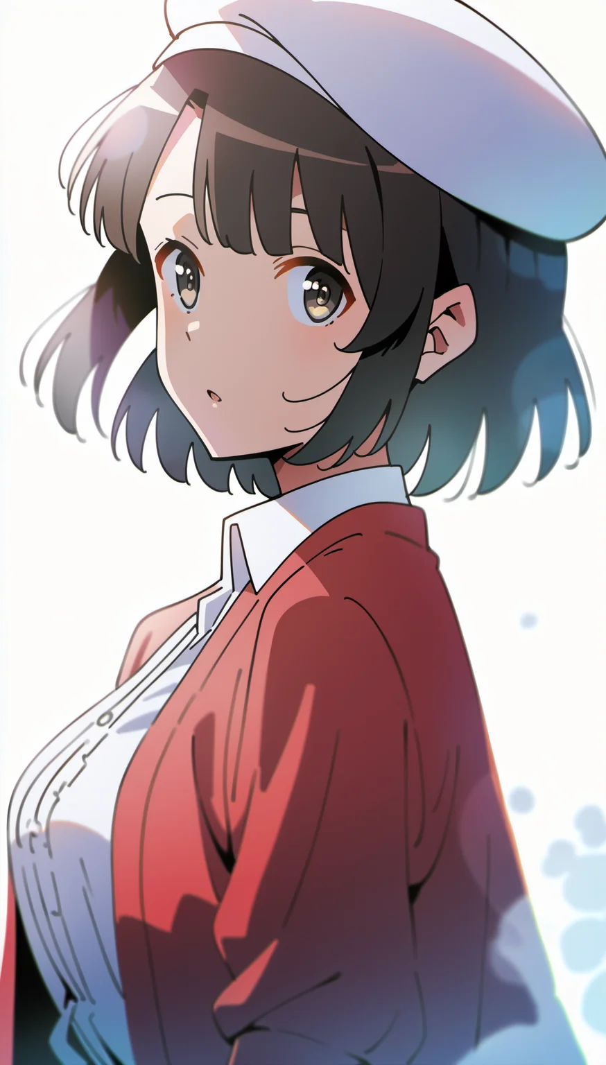 score_9,score_8_up,score_7_up,
<lora:megumikato:0.9>,
megumikato,
1girl,solo,black hair,bangs,short hair,brown eyes,pupils,looking at viewer,parted lips,white beret,red cardigan,white blouse,white layered ruffle skirt,upper body,
(white background:1.1),bloom,lens flare,