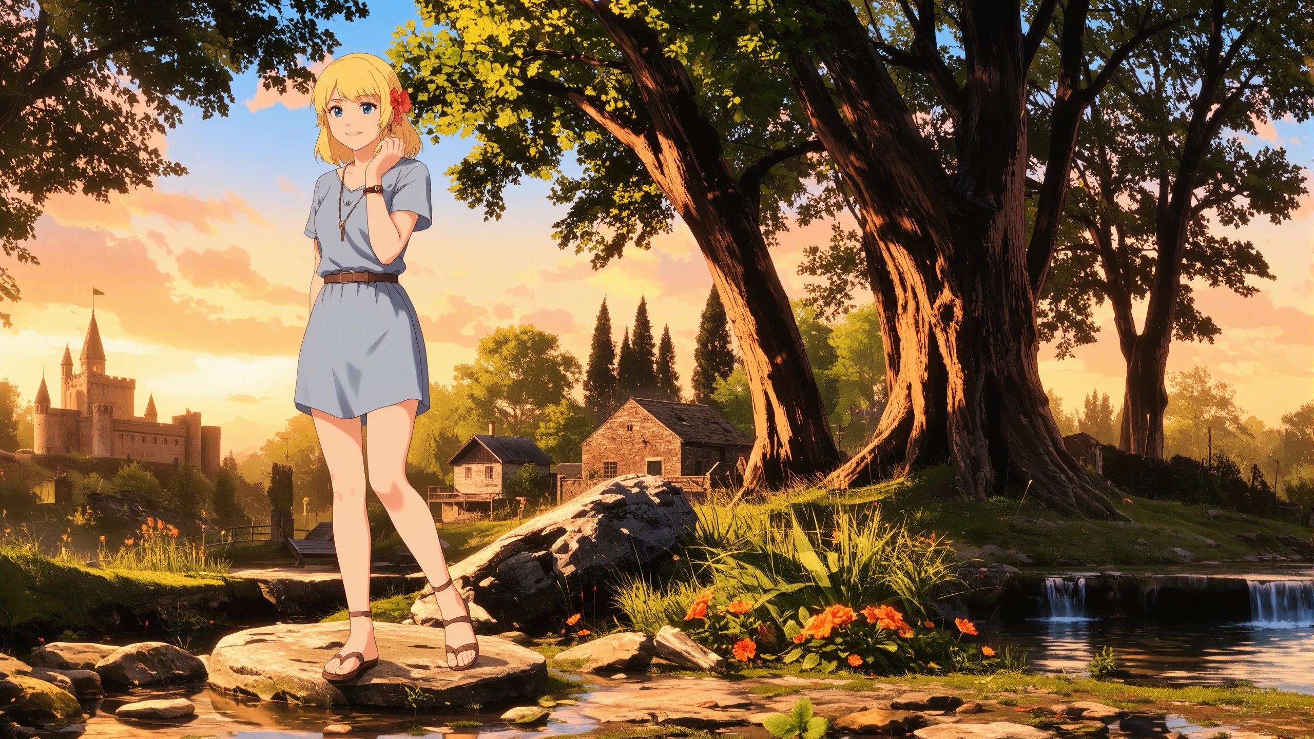 Cypriot graduated bob strawberry blonde hair (young woman), (druid:1.2), anime, illustration, (extremely detailed), (portrait), (standing:1.2), (happy smile), flower in hair, glossy lipstick, celtic necklace, line earrings, loincloth, (sandals),  Pastel Blue (druid short dress), (legs), heels, (sharp focus),  fantasy, (beautiful celtic landscape:0.9), (small rock:0.9), (moss:0.4), (ripples, reflections:0.8), celtic  castle, (small river small pond:0.5), druid forest, (druid village:1.2), (stunning nature environment:0.8), (enchanted land:0.5), clovers, (Orange flowers:0.9), leaves,bright (sunny sky), (sunset:0.3), best quality, colorful, wet floor, raytracing, hdr, high contrast, ethereal natural lights, backlight, (lens flare:0.4), shadows, (vibrant colors, colorful):0.6, pretty, beautiful, happy, smiling, feminine, sexy, lovely, in love, adorable, fashion,  <lora:Hand v2:1> <lora:Anti-Blur:1> <lora:RetroAnimeFluxV1:0.4> <lora:Luminous_Shadowscape:0.4>  <lora:SujatmikoArafuru_Flux:0.2> Suzume style