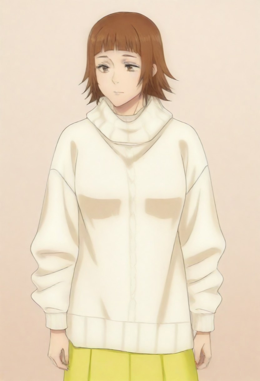 masterpiece, best quality, amazing quality,,, shiny skin,,,,,,,,yuozawa, brown_eyes, brown_hair, short_hair, blunt_bangs,, turtleneck, white_sweater, long_skirt, yellow_skirt,