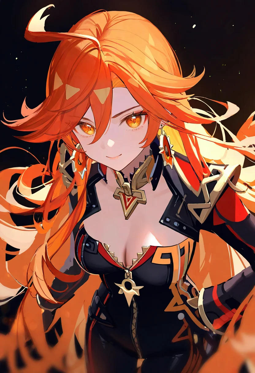 (tianliang duohe fangdongye:0.6),(wlop:0.3),(ciloranko:0.4),(kani biimu:0.3),(ningen mame:0.6),
1girl,mavuika \(genshin impact\),breasts,solo,gloves,jewelry,orange hair,ahoge,smile,cleavage,earrings,looking at viewer,black gloves,bodysuit,black bodysuit,medium breasts,hair between eyes,orange eyes,
very awa,masterpiece,best quality,year 2024,newest,highres,absurdres,
<lora:mavuika_NoobVpred65s:1>,