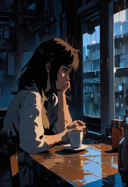 90s hand-drawn anime, a melancholic anime woman with brown shoulder-length hair, sitting alone inside a cozy traditional Japanese tea house, rainy weather outside, looking thoughtfully at her tea cup, soft moody lighting, reflections on the window, peaceful yet lonely vibe, highly detailed background painting, muted color palette, emotional scene